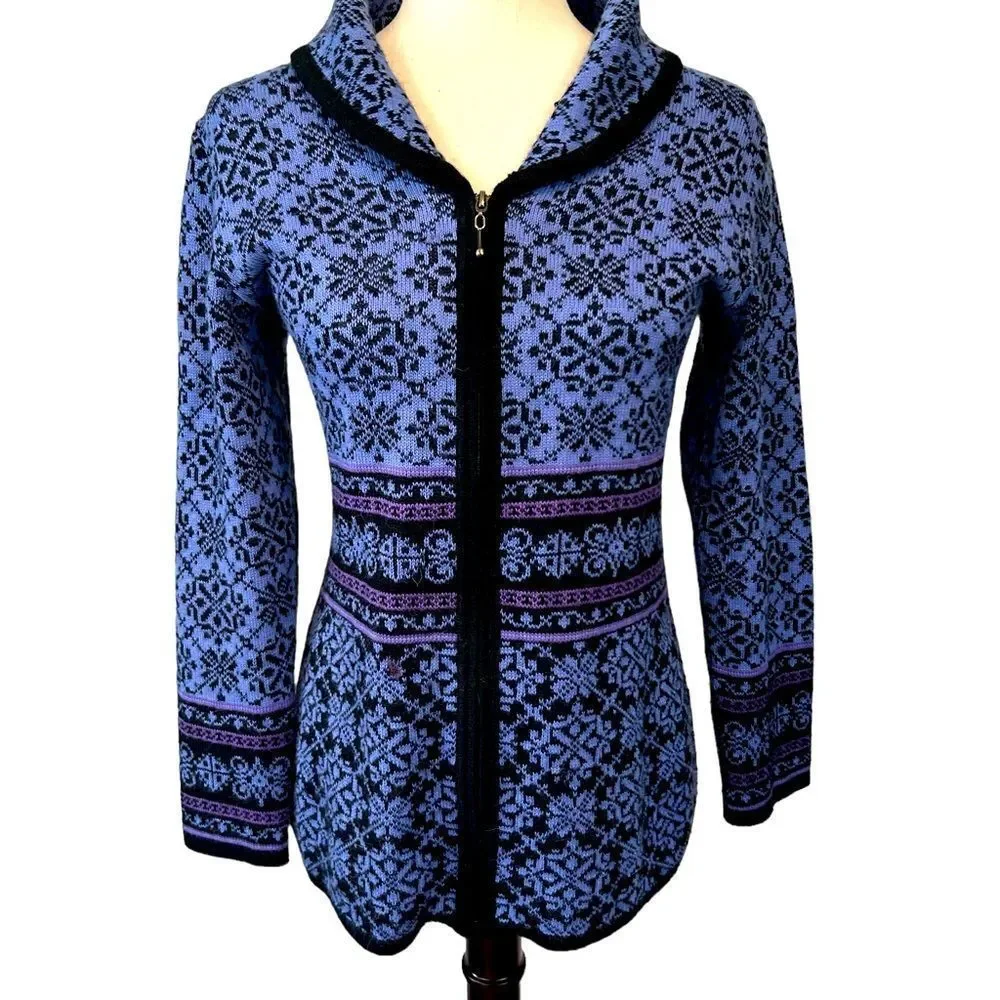 Alpaca Imports from Steamboat Springs, purple and black cardigan zip front small
